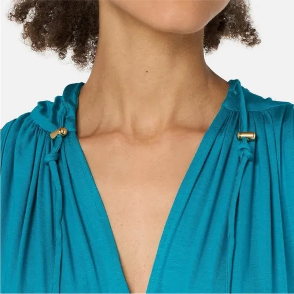 Trina Turk Mighty Hooded Jumpsuit Small Turquoise Wide Leg‎ Sleeveless V-Neck - Image 2