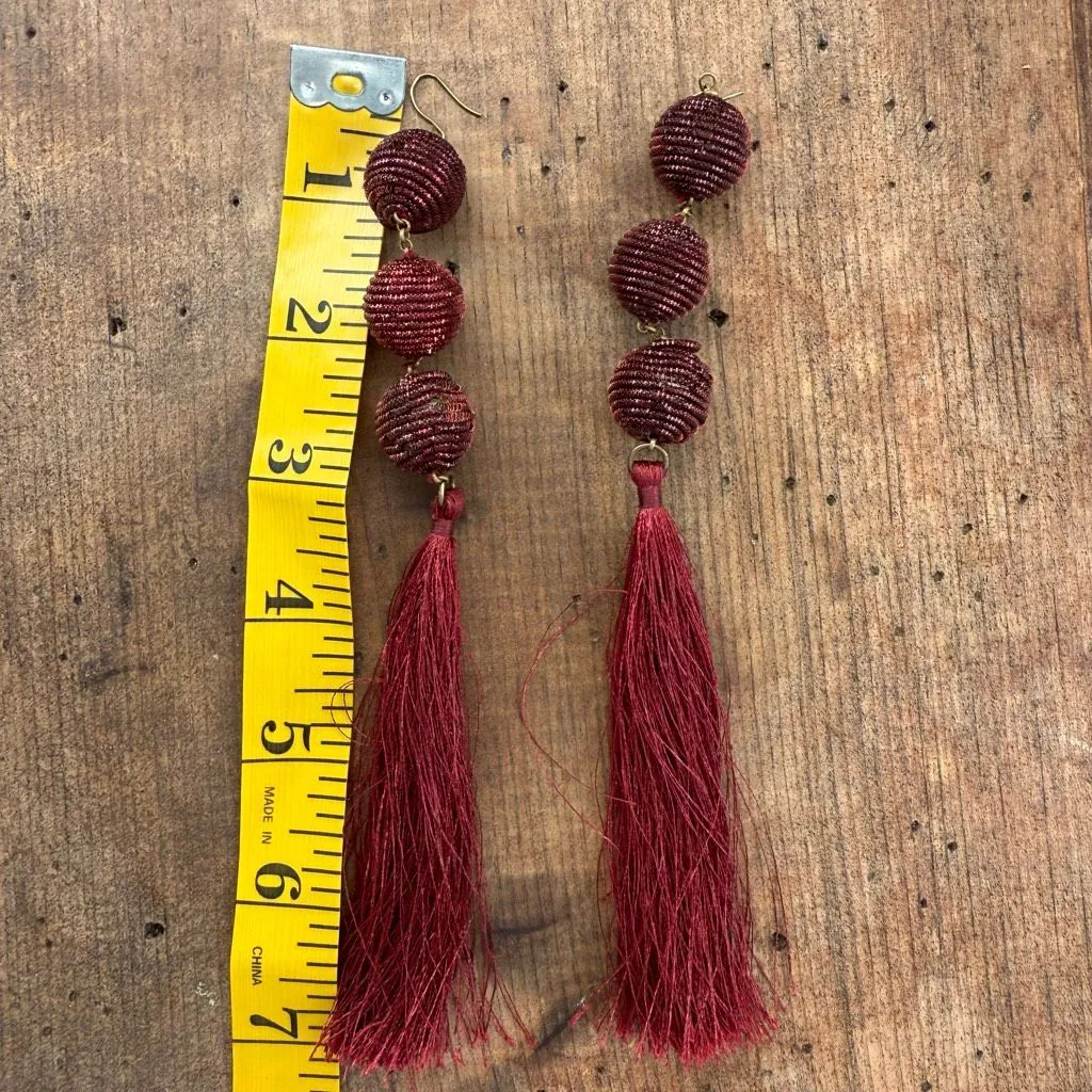 Statement Burgundy Beaded Tassel Earrings Wine Red 7” - Image 5