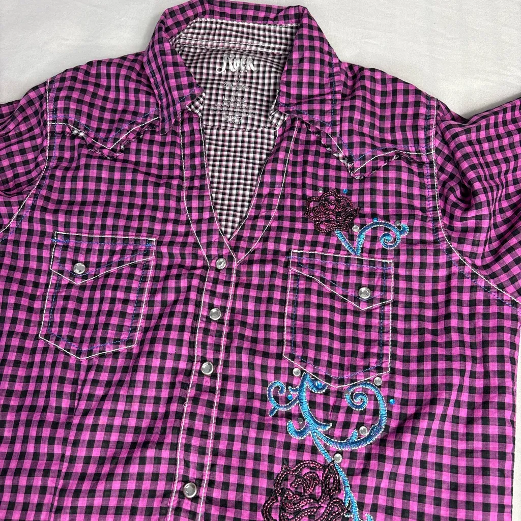Pink and Black Checkered Women's Blouse Size M - Image 8