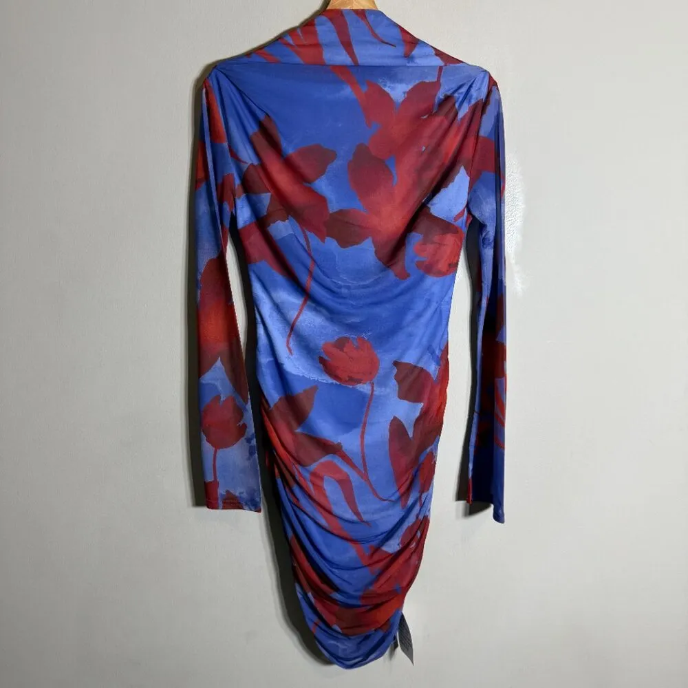 ASOS High Neck Backless Floral Mesh Mini Dress Women's 6 Blue Red Going Out NWT - Image 7