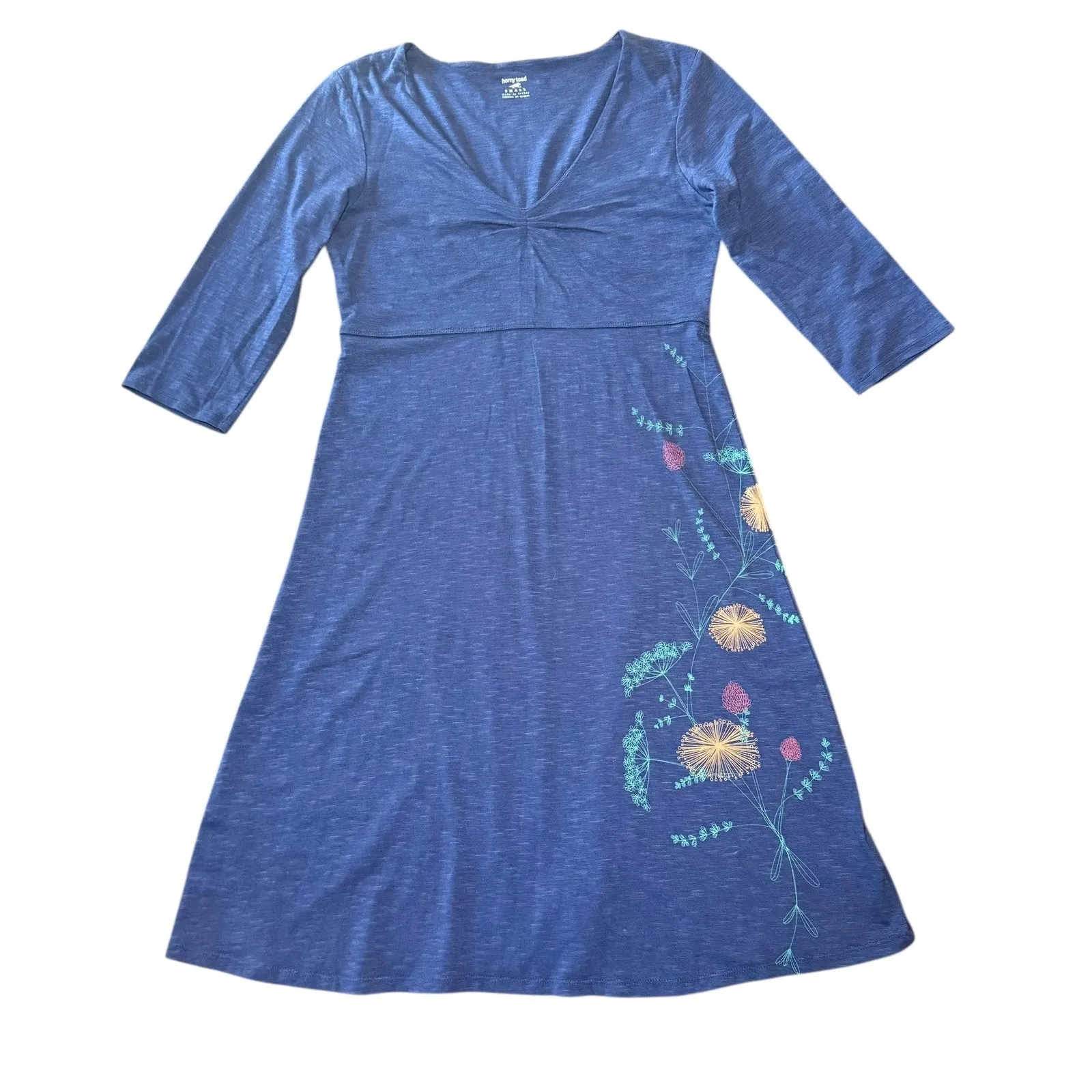 Horny Toad Blue Floral‎ Print V Neck 3/4 Sleeve A Line Midi Dress Women Small - Image 2