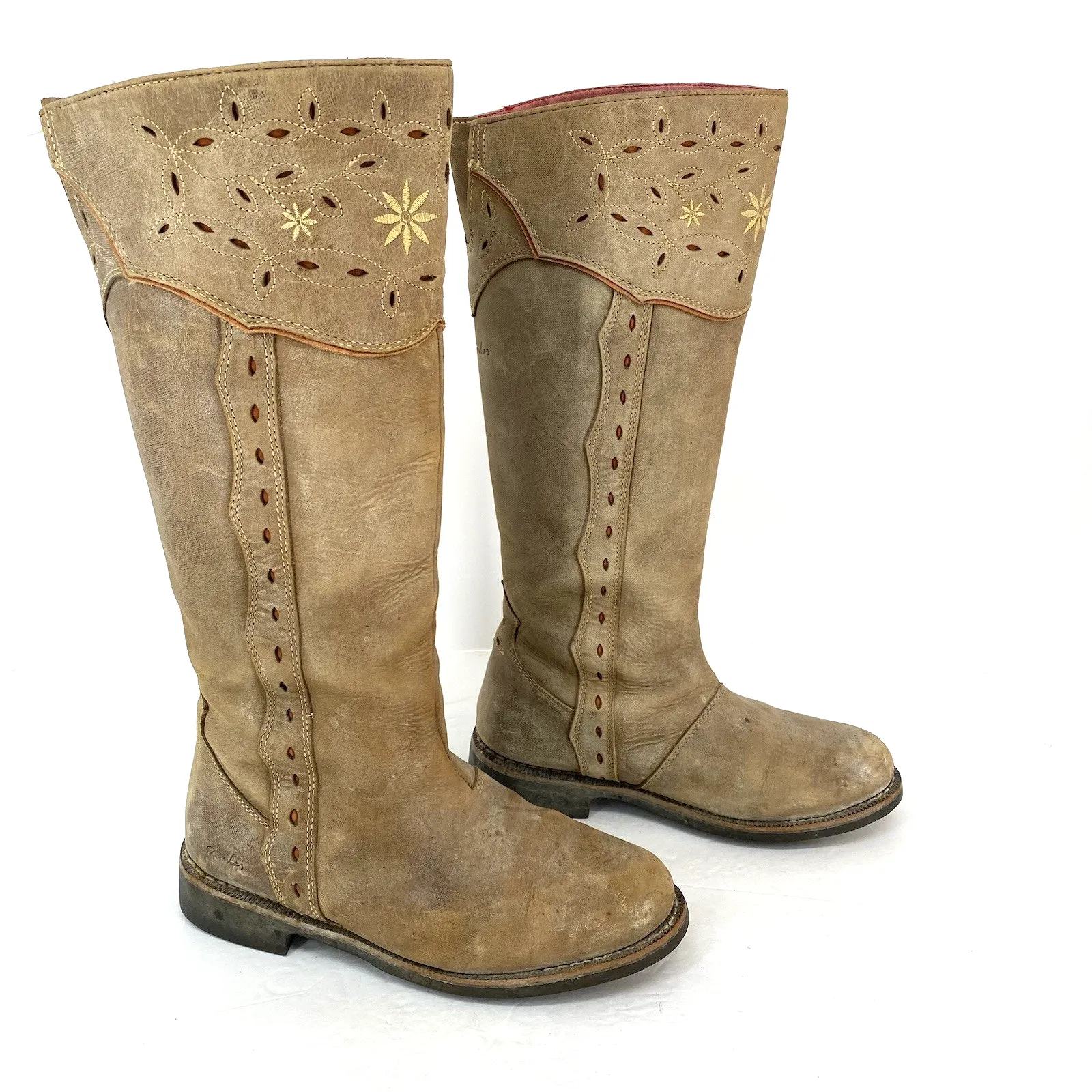 Joules Leather Riding Boots Embroidered Distressed Tan Women's Size US 8 UK 6 - Image 2