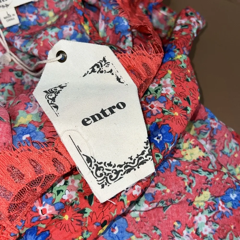 ENTRO size large floral print open shoulder blouse adjustable straps lace trim - Image 10