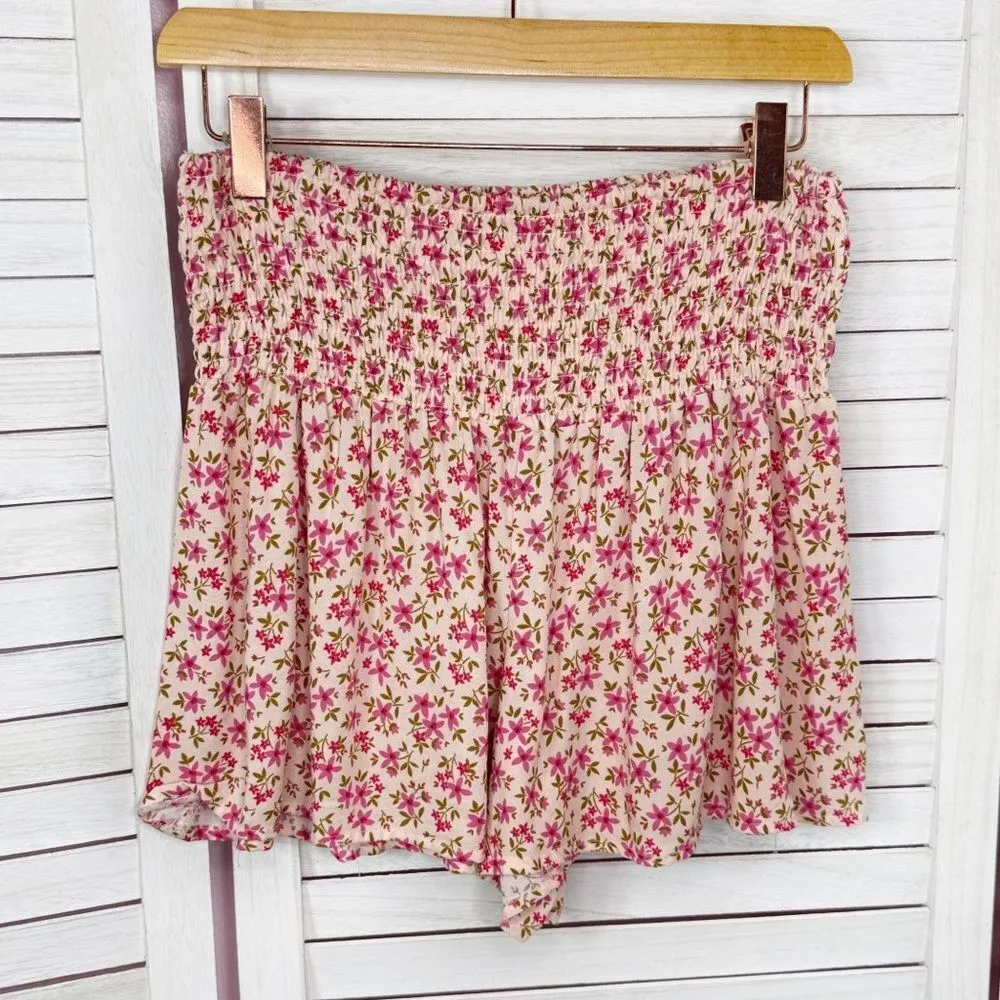 Soho Lady Floral Smocked High Waist Skort Shorts Pink Medium - Image 7