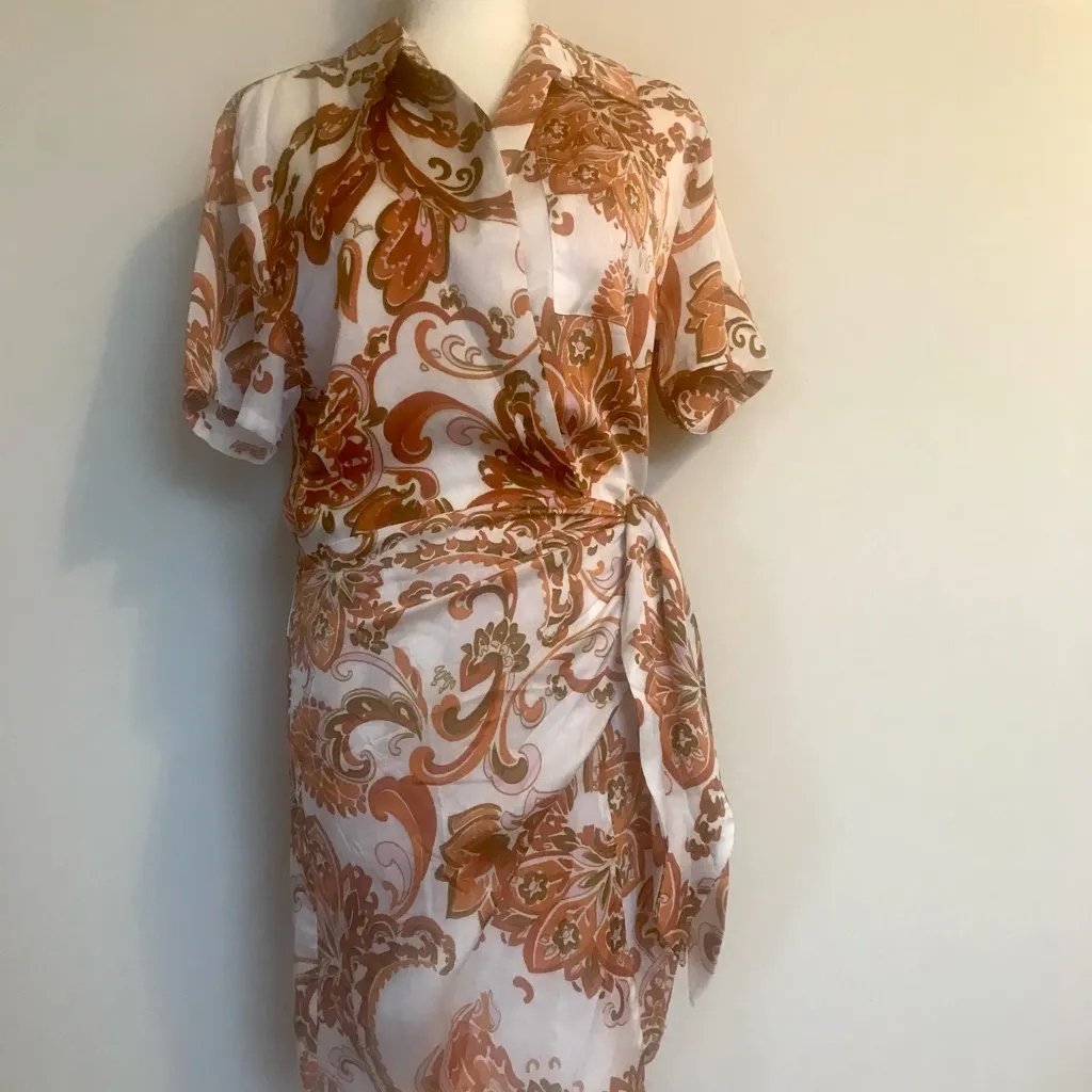 Entro short sleeves, wrap detail brown, orange blush pink paisley pattern Dress - Image 5