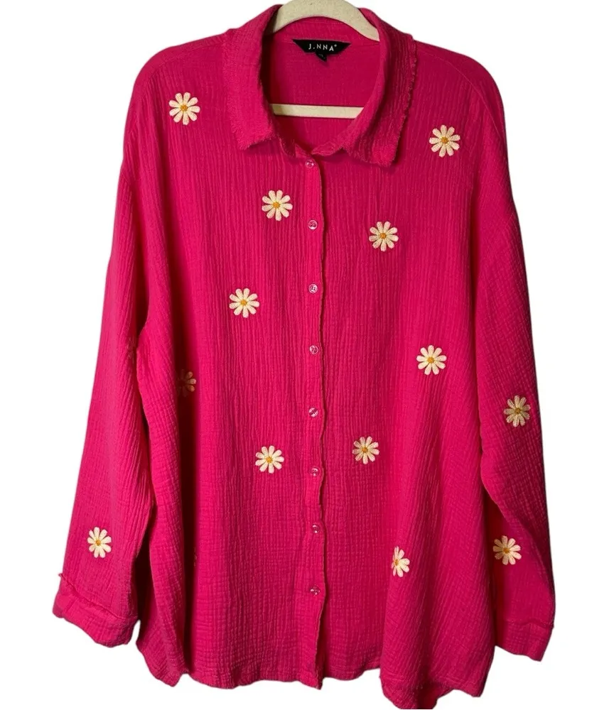 J.NNA + Bright Pink Daisy Gauzy Button Up Blouse Top 100% Viscose T26466 1XL Size 1X - Image 1