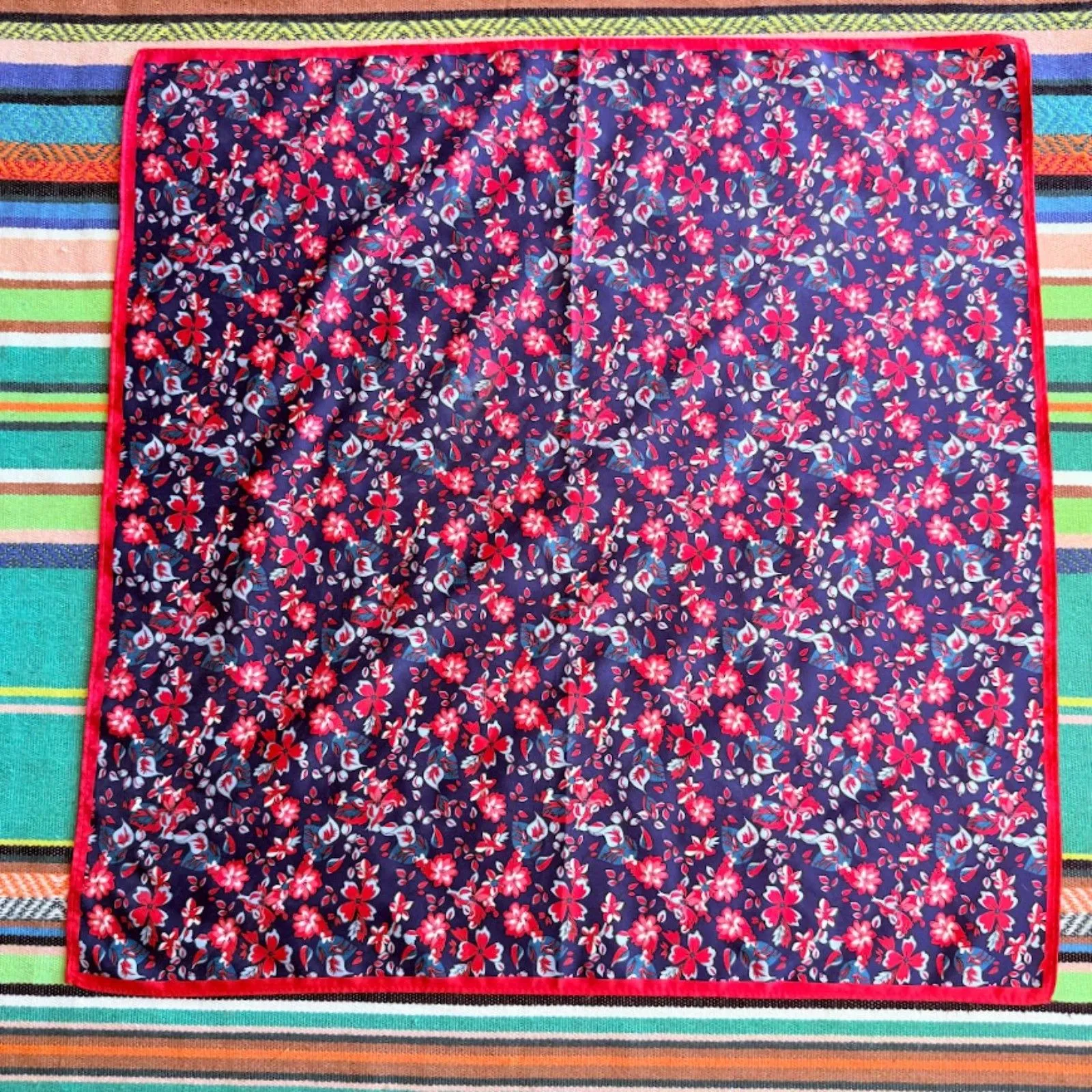 Floral Square Satin Scarf in Blue Red & White - Image 2