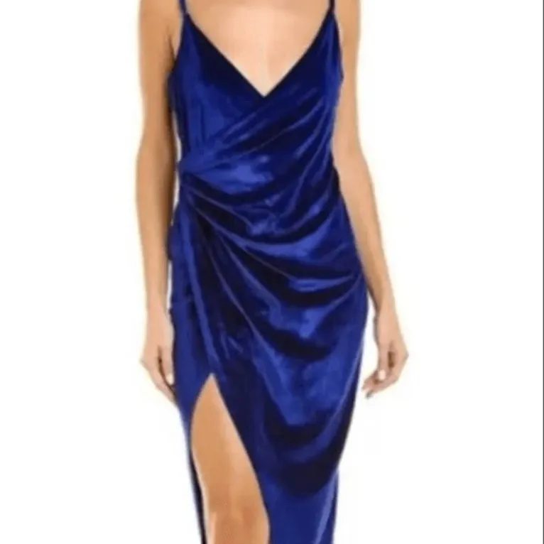 Double Crazy Royal Blue Velvet Midi Dress M Draped Front Slit Party Cocktail Size M - Image 4