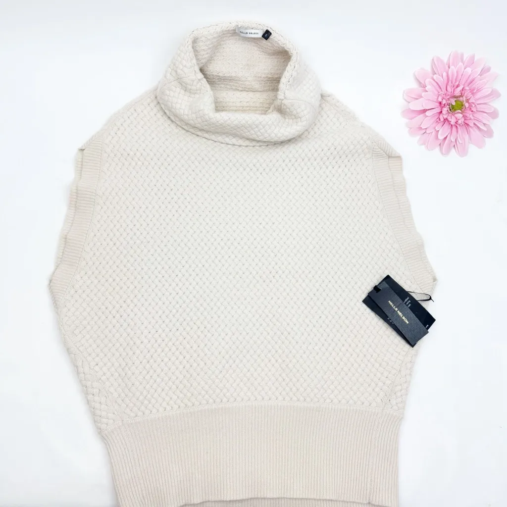 Nells Nelson Merino Wool Turtleneck Cowl Woven Textured Cocoon Sweater Gilet Tan - Image 3