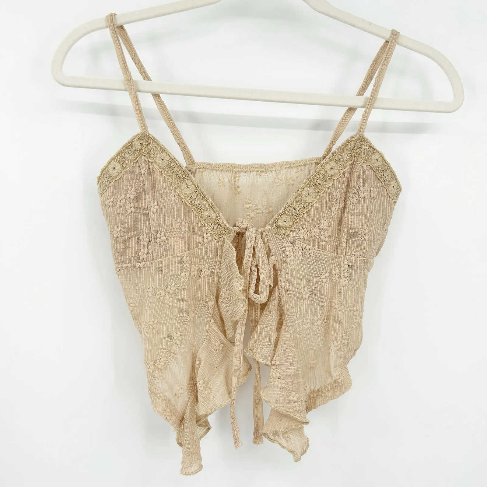 Womens Coquette Y2K Fairycore Sexy‎ Tie Front Ruffle Floral Lace Crop Cami Top Tan Size XS - Image 2