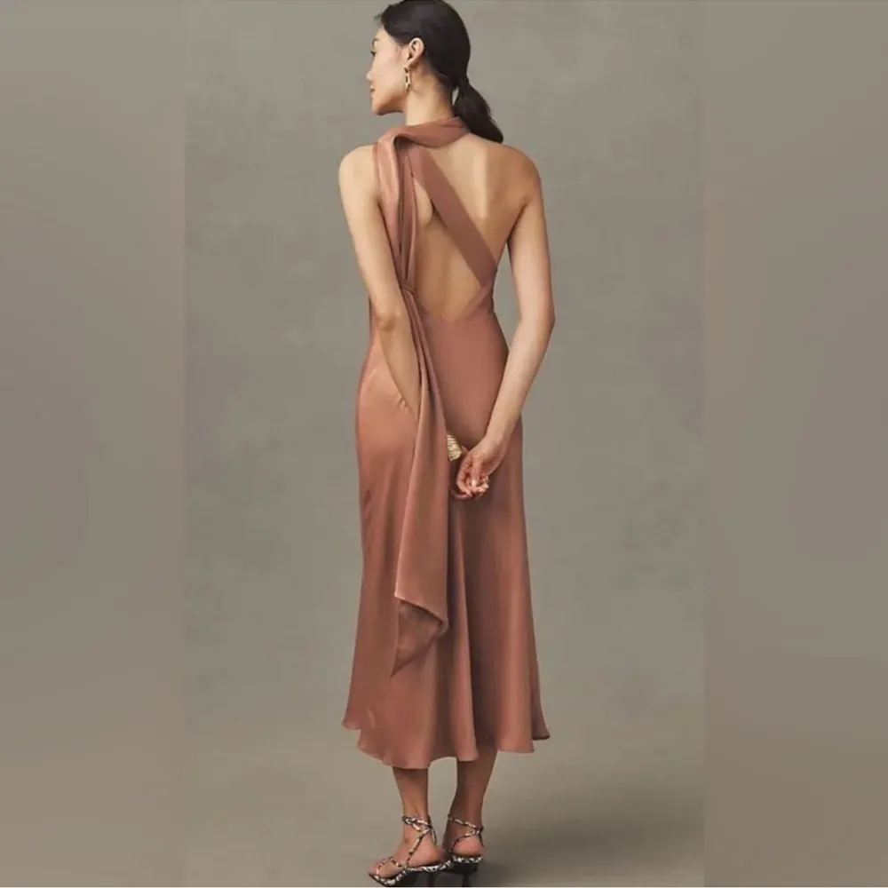 BHLDN Anthropologie Nicoletta One Shoulder Scarf Satin Midi Dress Cedar Brown XL - Image 8