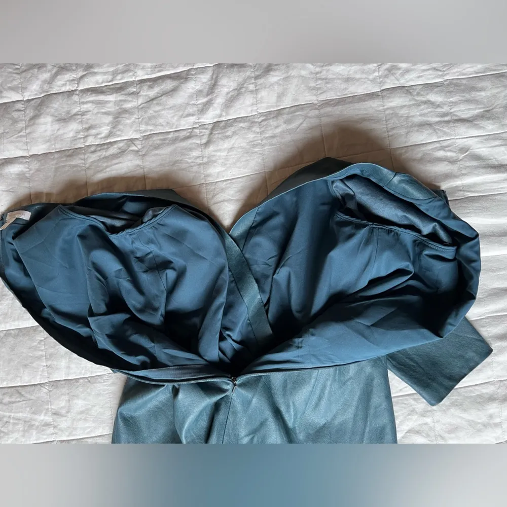 Rebecca Taylor Blue Vegan Leather 3/4 Sleeve Twist Wrap Mini Dress Classy - 16 - Image 3