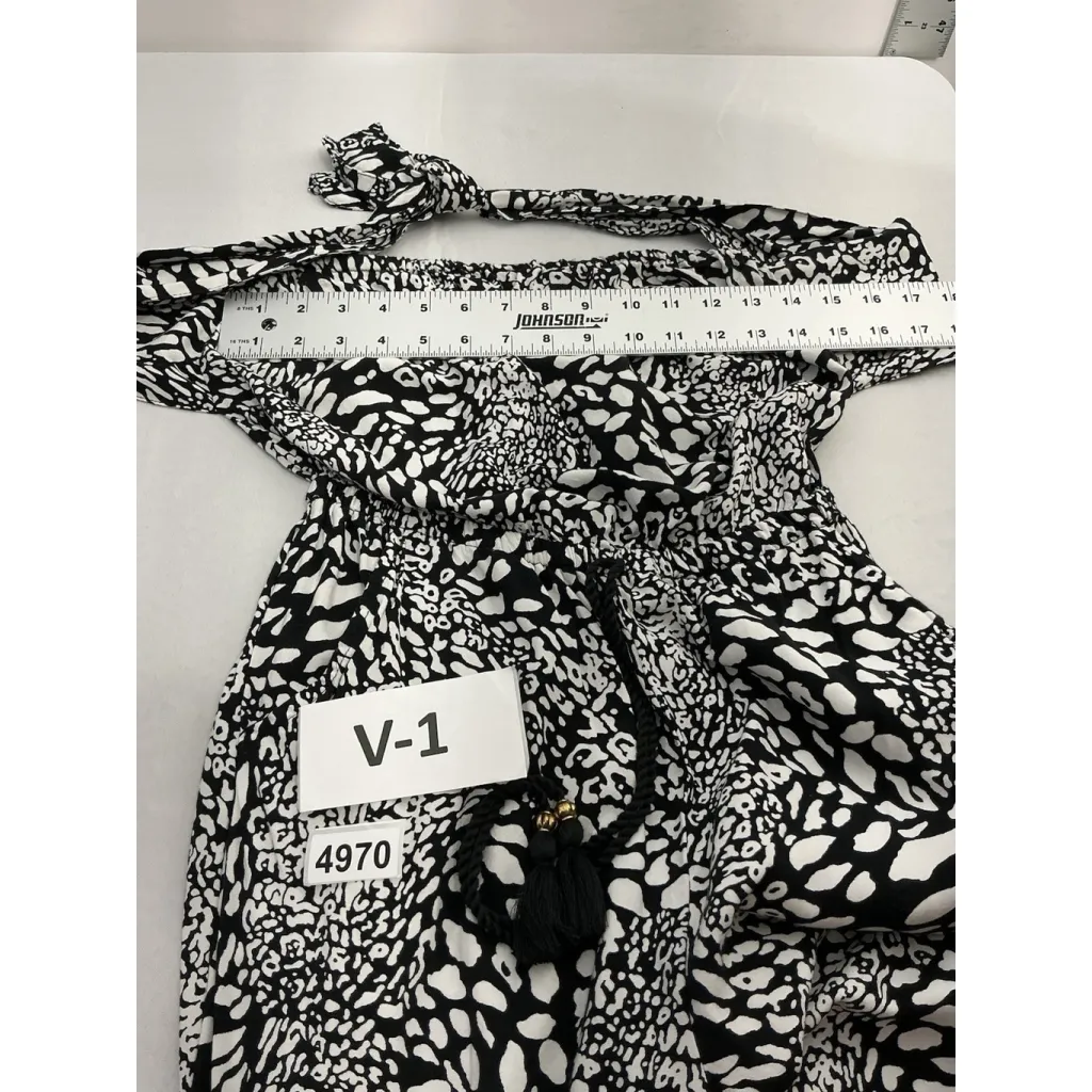 Womans Blue Island One Pc Halter Jumpsuit XS Black White Peekaboo Back Slit Legs - Image 5