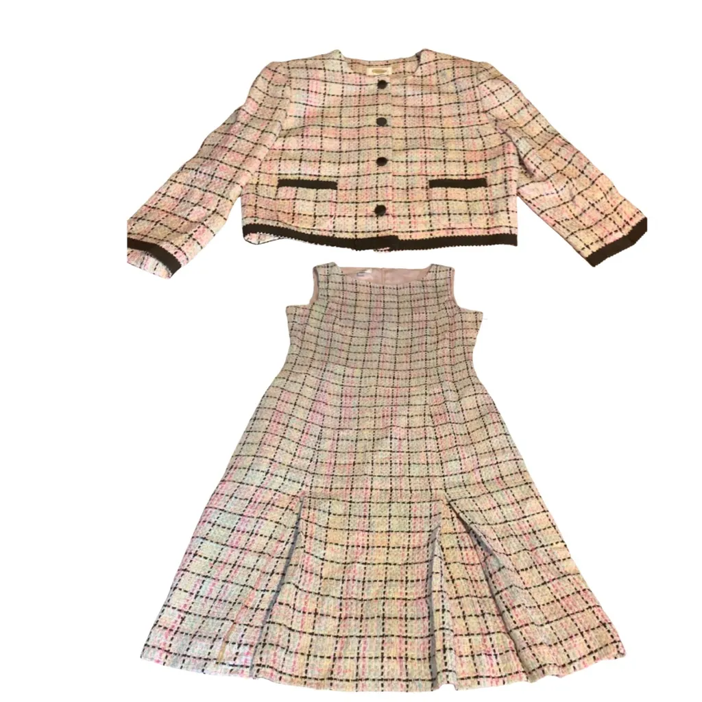 TALBOTS PINK & BLACK SILK BLEND PASTEL TWEED DRESS & BLAZER SUIT SET (8) - Image 9