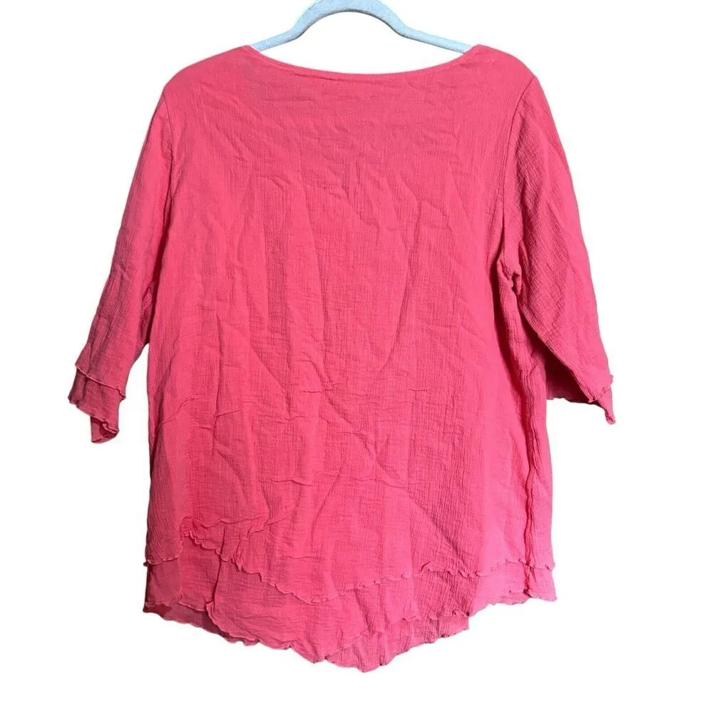 Soft Surroundings Top Womens Medium Coral Gauze Asymmetrical Hem Cotton Blouse - Image 6