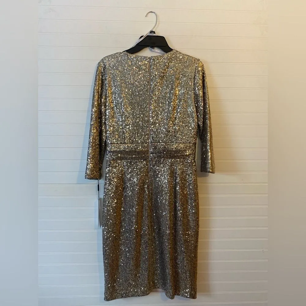 Calvin Klein Sequin Faux Wrap V Neck Knee Length Dress - Image 6