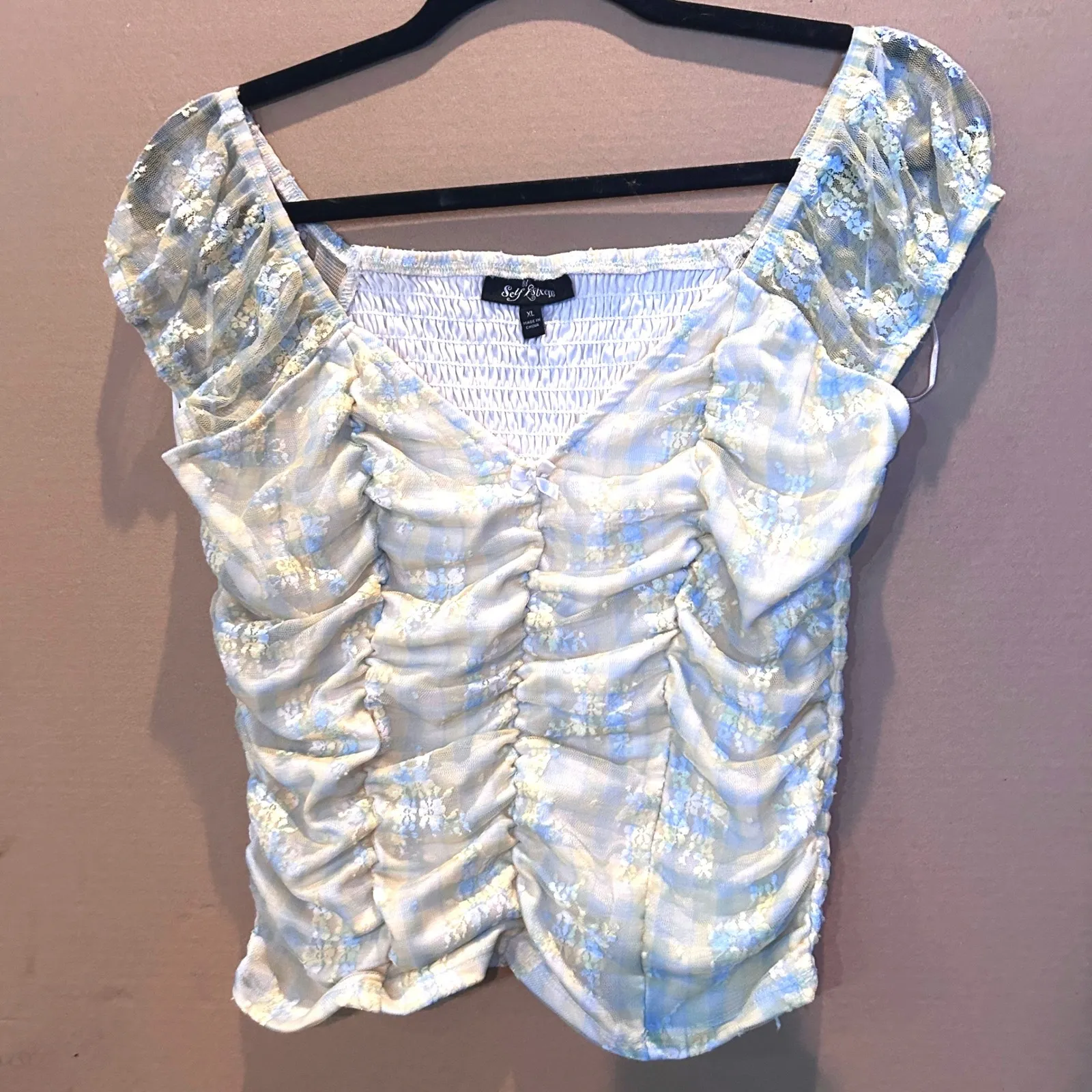 Trendy Y2K Yellow Blue Floral Mesh Smocked Top XL Whimsygoth whimsical - Image 2