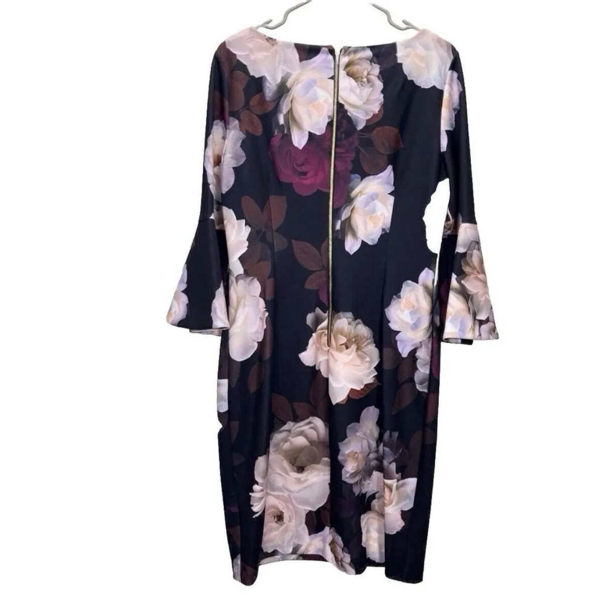 Calvin Klein Black Pink Floral Bell‎ Sleeve Stretch Crepe Sheath Dress Size 4 - Image 5