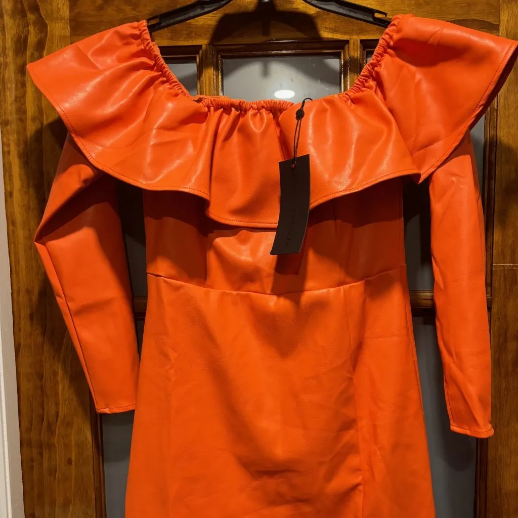 Kendall + Kylie Orange Dress 4/6 Leather 3/4 Sleeve Off Shoulder Ruffle Bodycon - Image 2