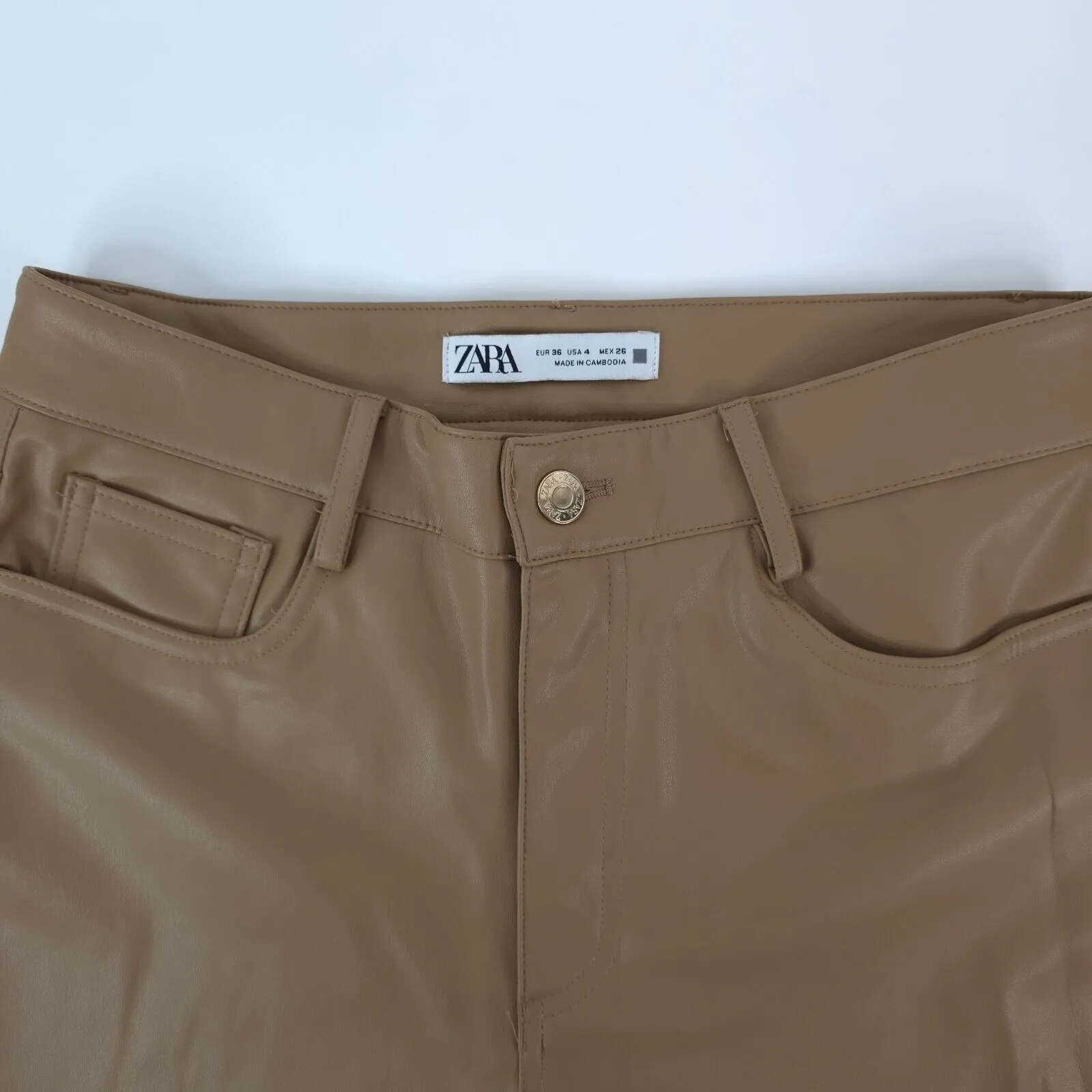 Zara Pants Womens 4 (27x25.5) Vegan Brown Faux Leather Flare Mid Rise - Image 5