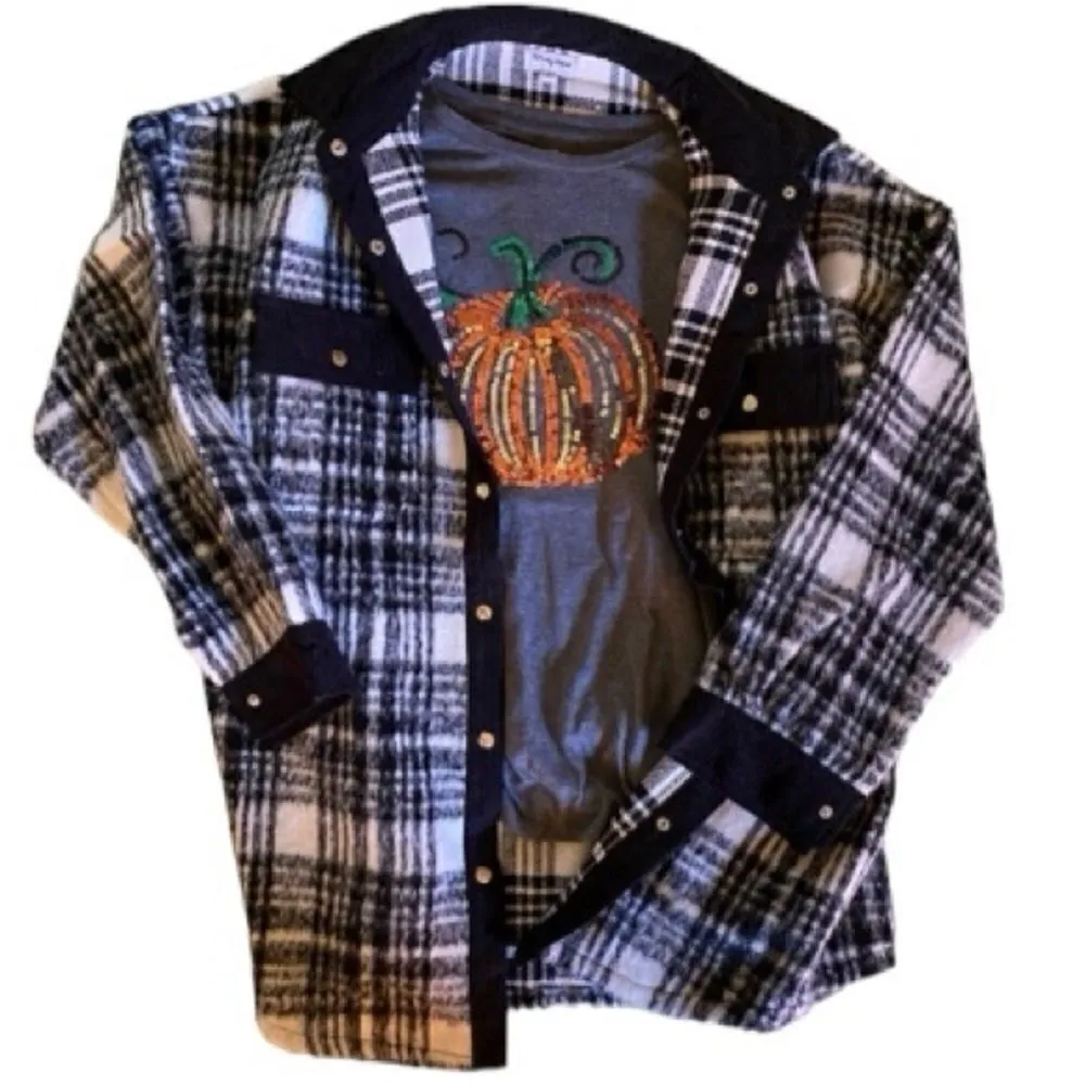 Plaid Shirt Jacket Shacket Ladies Large Black and White Relaxed Fit Multiple - Image 4