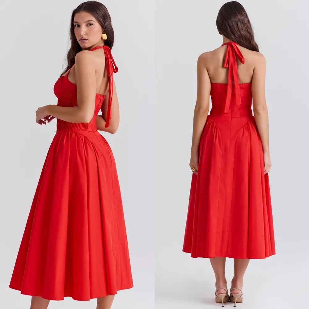 HOUSE OF CB 'Adabella' Italian Tomato Cotton Halter Sundress - Image 3