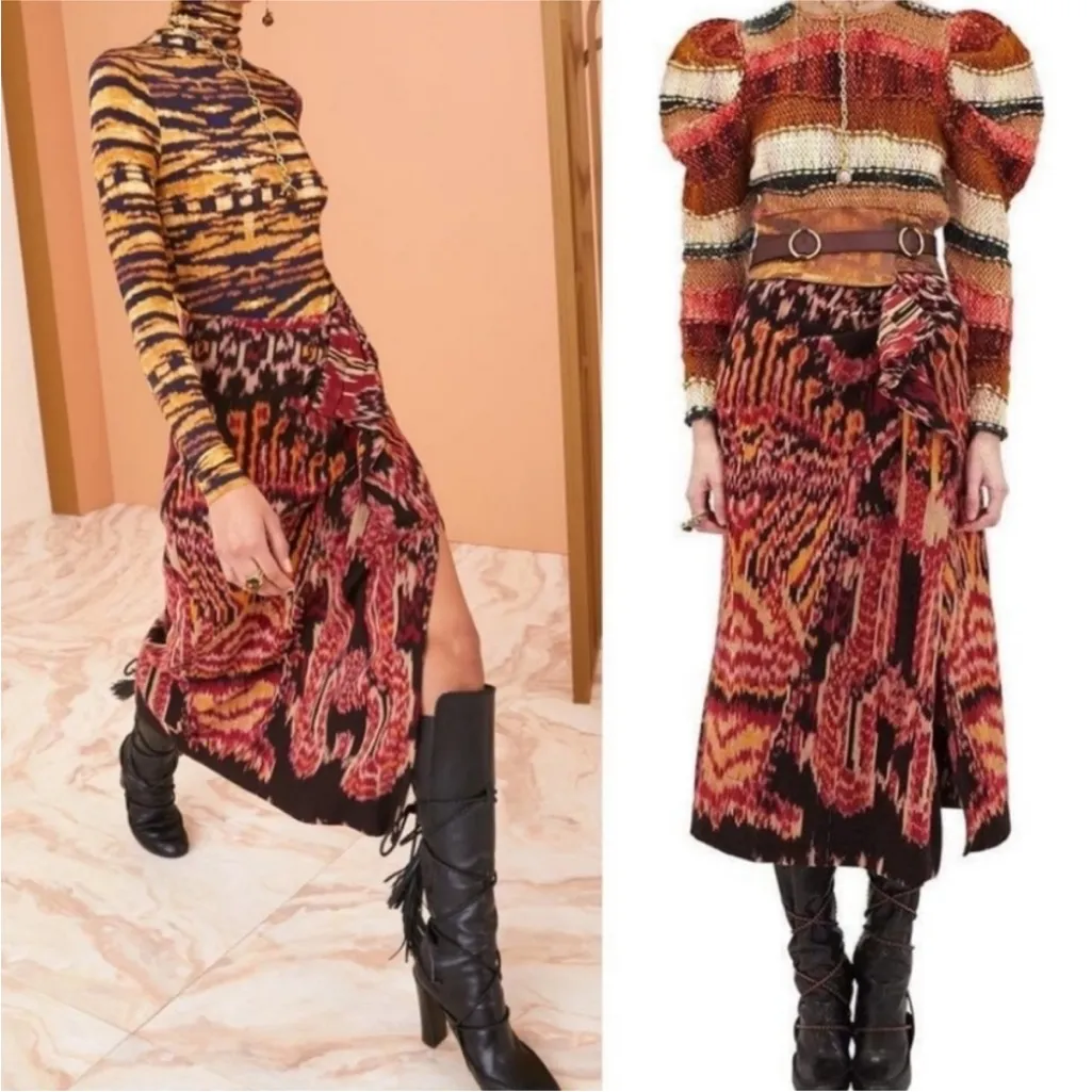 Ulla Johnson NEW Ember Tribal Midi Skirt Slit Sarong Ikat Cotton Size 2 Mahogany - Image 2