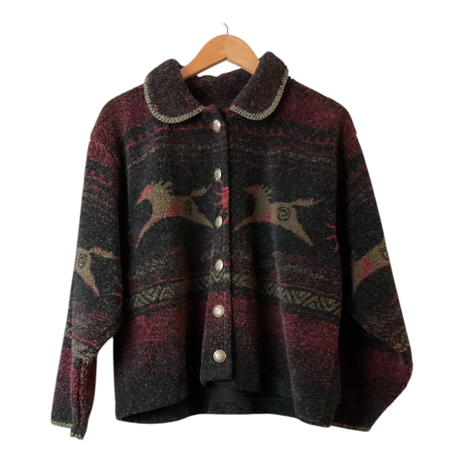 Coldwater Creek Fleece Button Front Jacket Women P/L Horse Sun wes Printe - Image 4