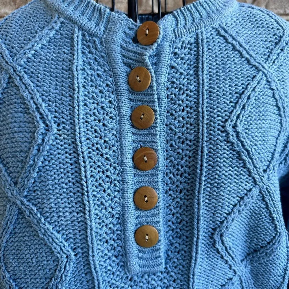 Nuggets Cable Knit Sweater Medium Vintage Powder Blue Upper Front Button… Size undefined - Image 2