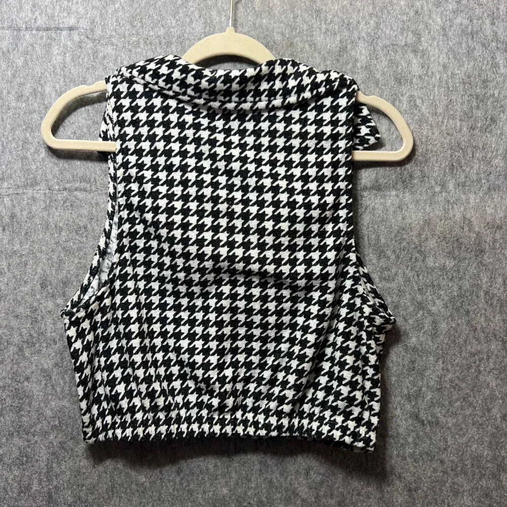 SO Houndstooth Crop Top‎ Sleeveless Collared Blouse Black White, L - Image 5