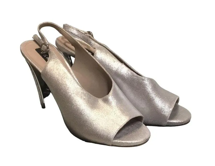 DKNY Glitz MET Suede Leather Silver Peep Toe Cocktail Party Sandal Heels - Image 7