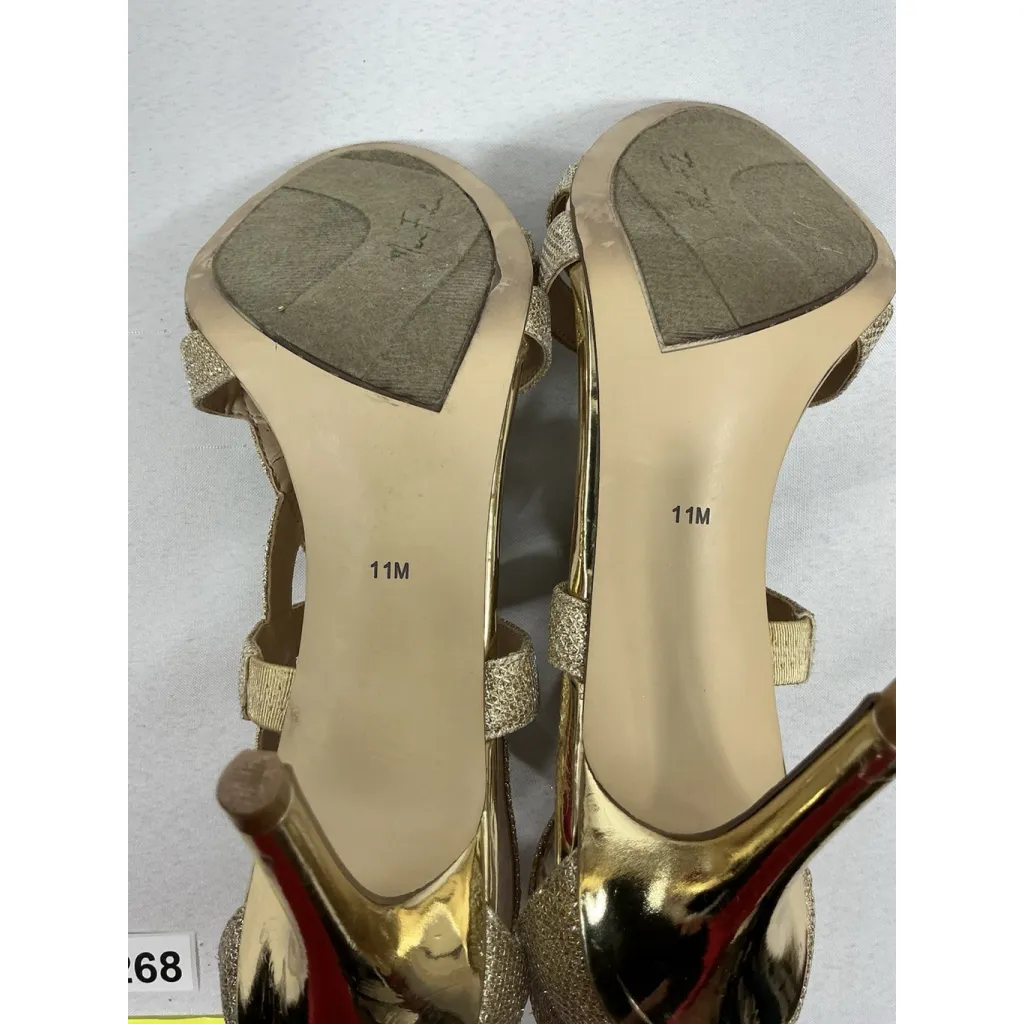 Womans Marc Fisher Stiletto Formal Sandals 11 M Gold Sparkly Strappy Back Zip - Image 7
