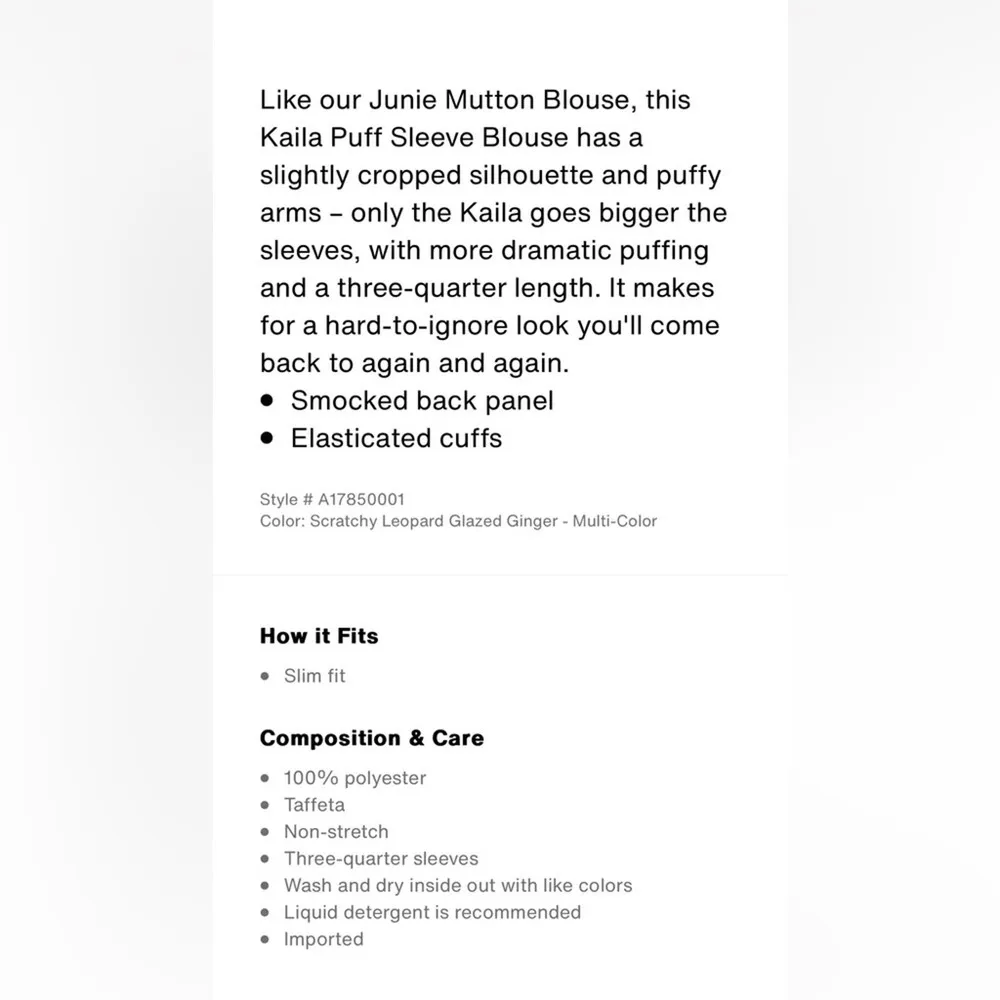 NWT Levi’s Top Womens Kaila Puff Sleeve Animal Print Smocked Taffeta Size Small - Image 3