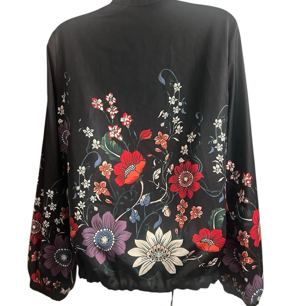 Chico's Black Floral Bomber Full Zip Jacket Sz 0 US 4 - Image 2