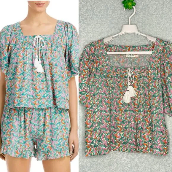 Roller Rabbit Teal Peri Willow Square Neck Tassel Tie Pleated Sleeve Size Large - Image 2