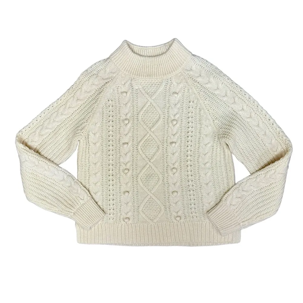 NEW J. Crew Pom-Pom Cable-Knit Pullover Crew Neck Sweater Natural Cream Small - Image 5