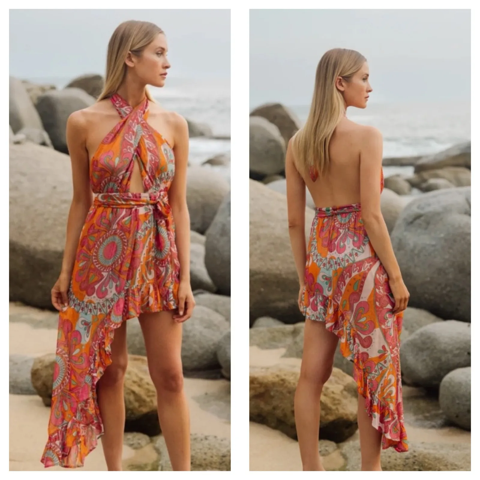 Sundress Amina Dress Size Large Fuchsia orange Print Halter Neck Asymmetric Hem - Image 3