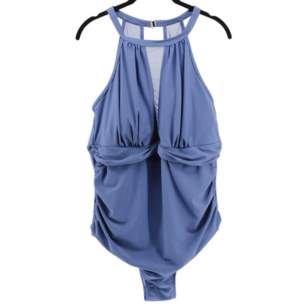 NEW Aqua Eve Halter Sheer One Piece Resort Vacation Coastal Tropical 18W Blue - Image 2