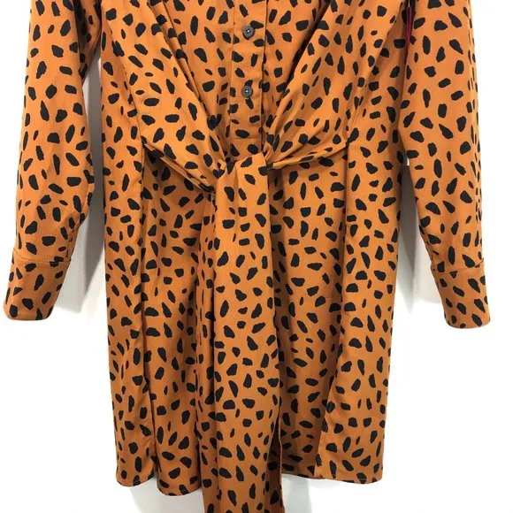 New  Tie Front Button Down Shirtdress Animal Print Long Sleeve Mini - Image 15