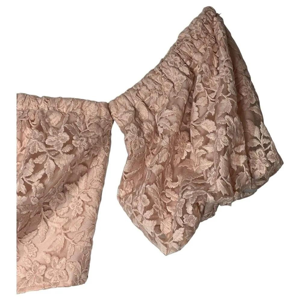 Eloquii Top Womens 22 Floral Lace Overlay Cropped Puff Sleeves Off Shoulder Pink - Image 4