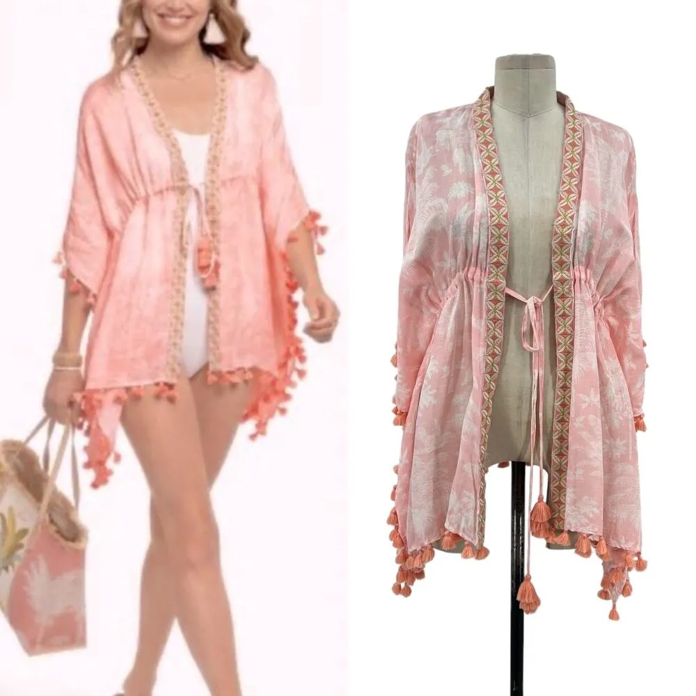 Spartina 449 Old‎ Field Beach Swim Cover Up Tassel Linen Blend Pink One Size - Image 2