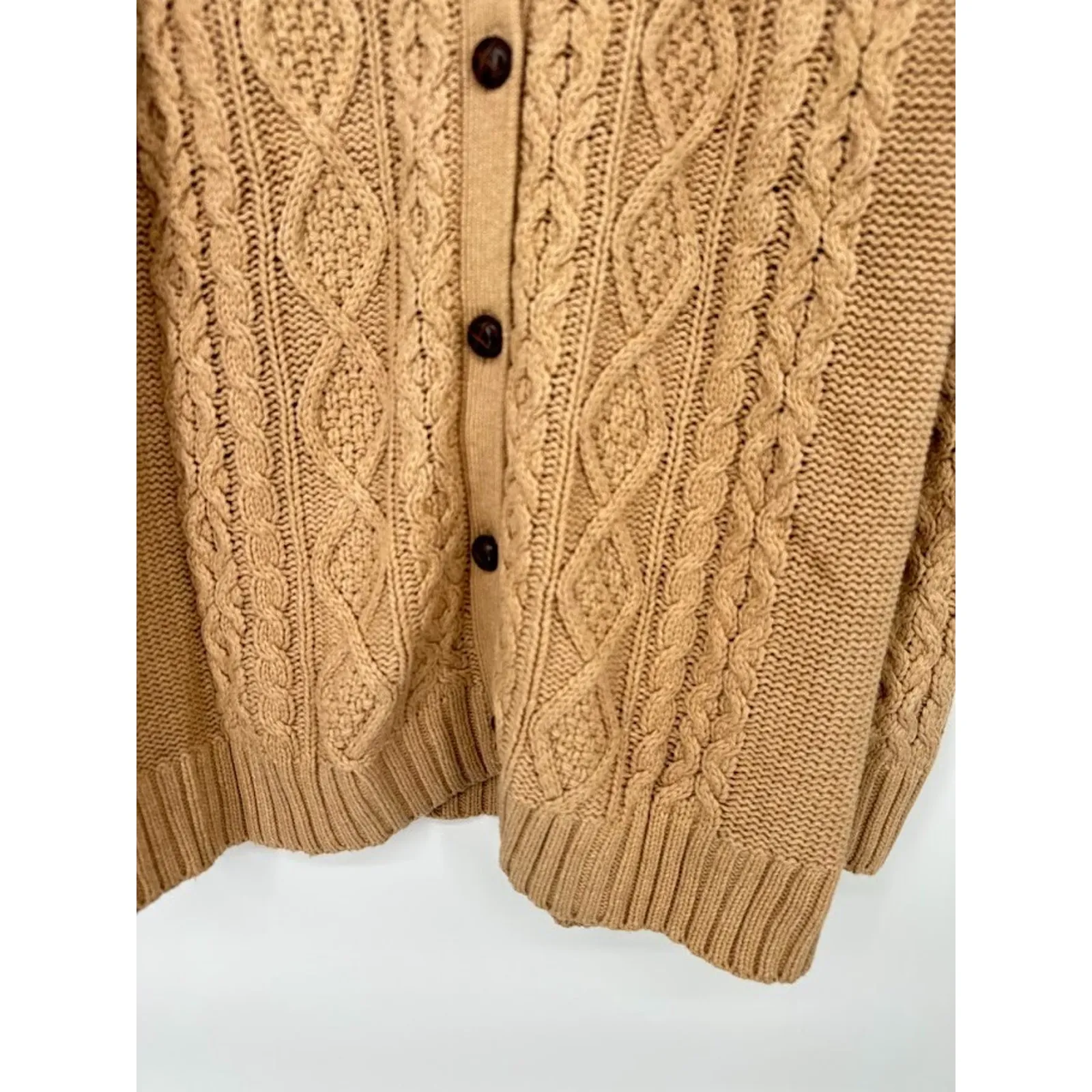 Liz Claiborne Camel Brown Cable Knit Long Cardigan Sweater XL Fisherman Chunky - Image 3