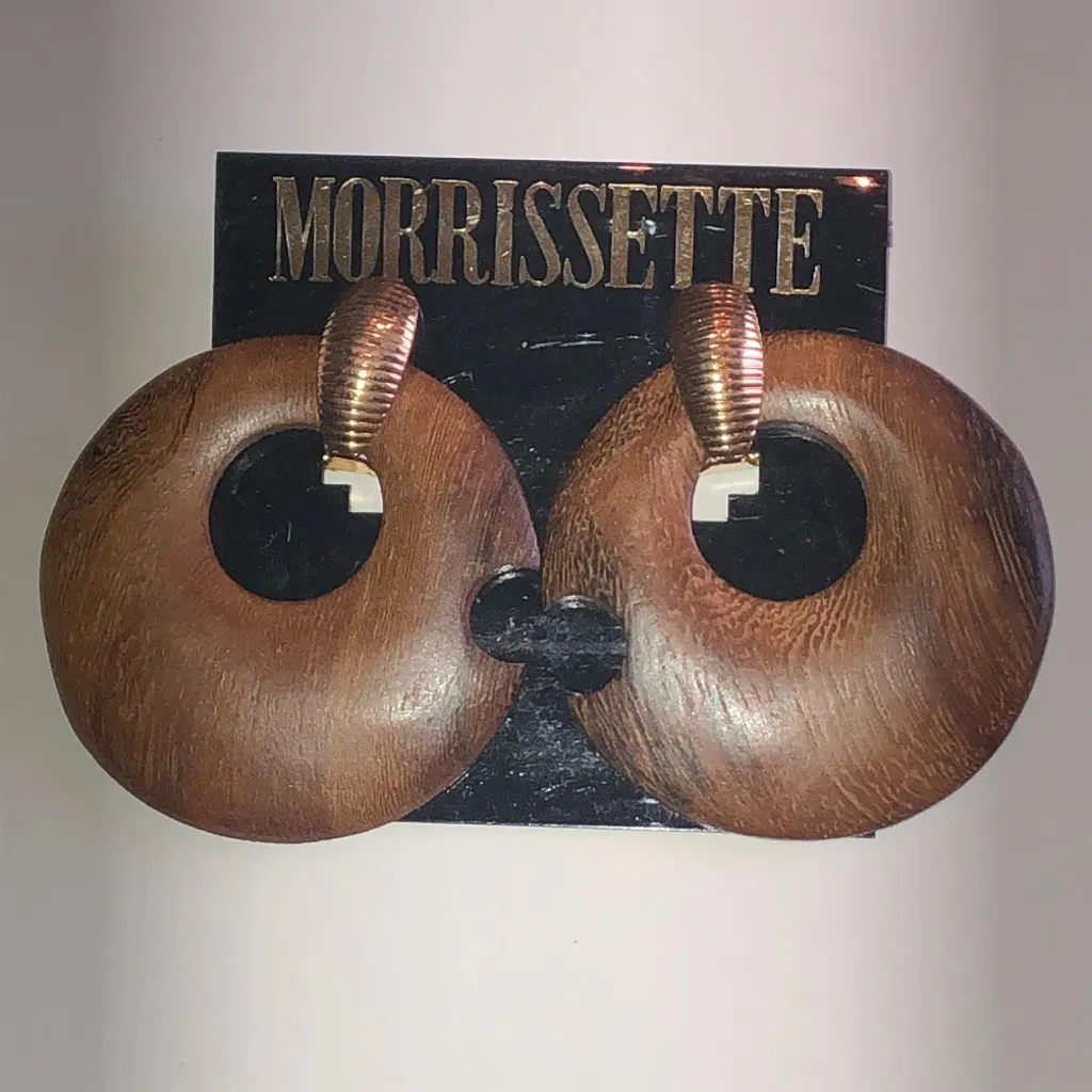Morrissette Huge Vintage Gold Tone Brown Wooden Retro Boho Hoop Earrings - Image 2