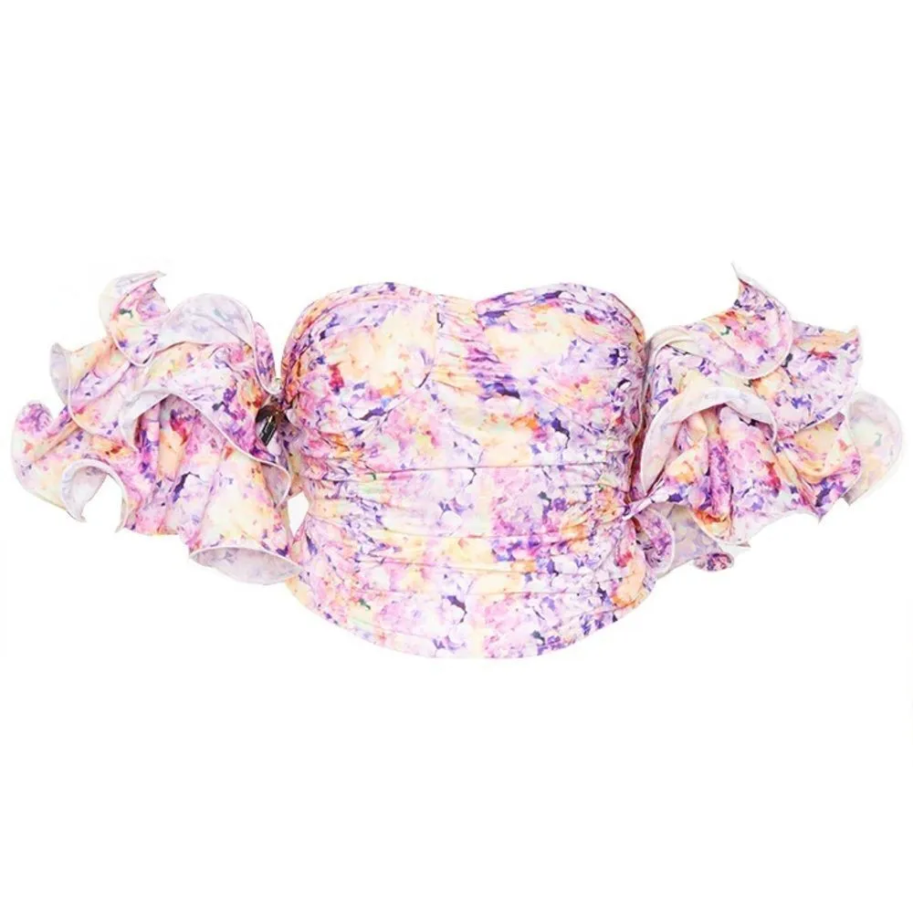 Pretty Little Thing Plus Lilac Floral Print Puff Sleeve Bardot Crop Top US 14 - Image 10