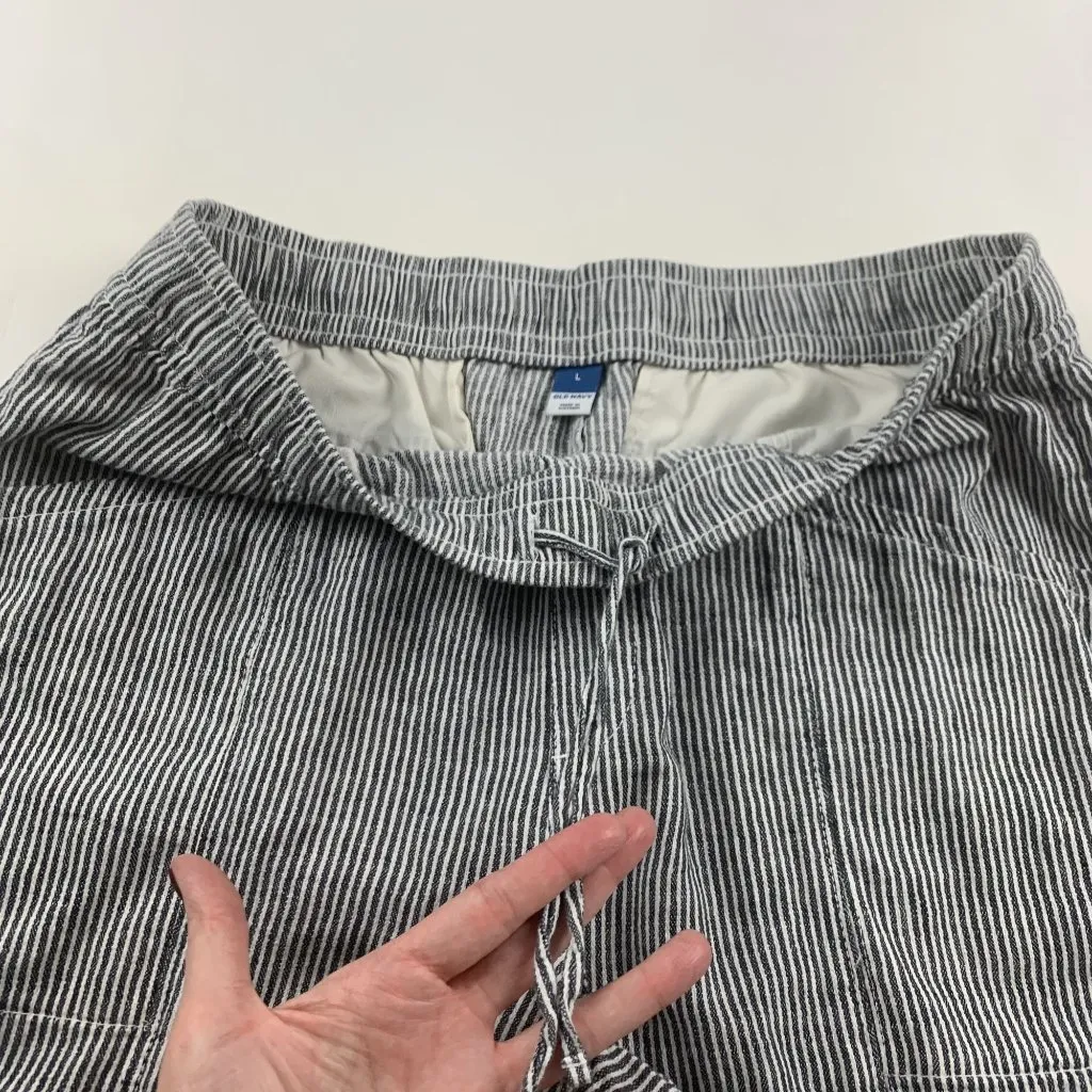 Old Navy Blue Striped Linen Blend High Rise Pull On Ankle Pant L - Image 3