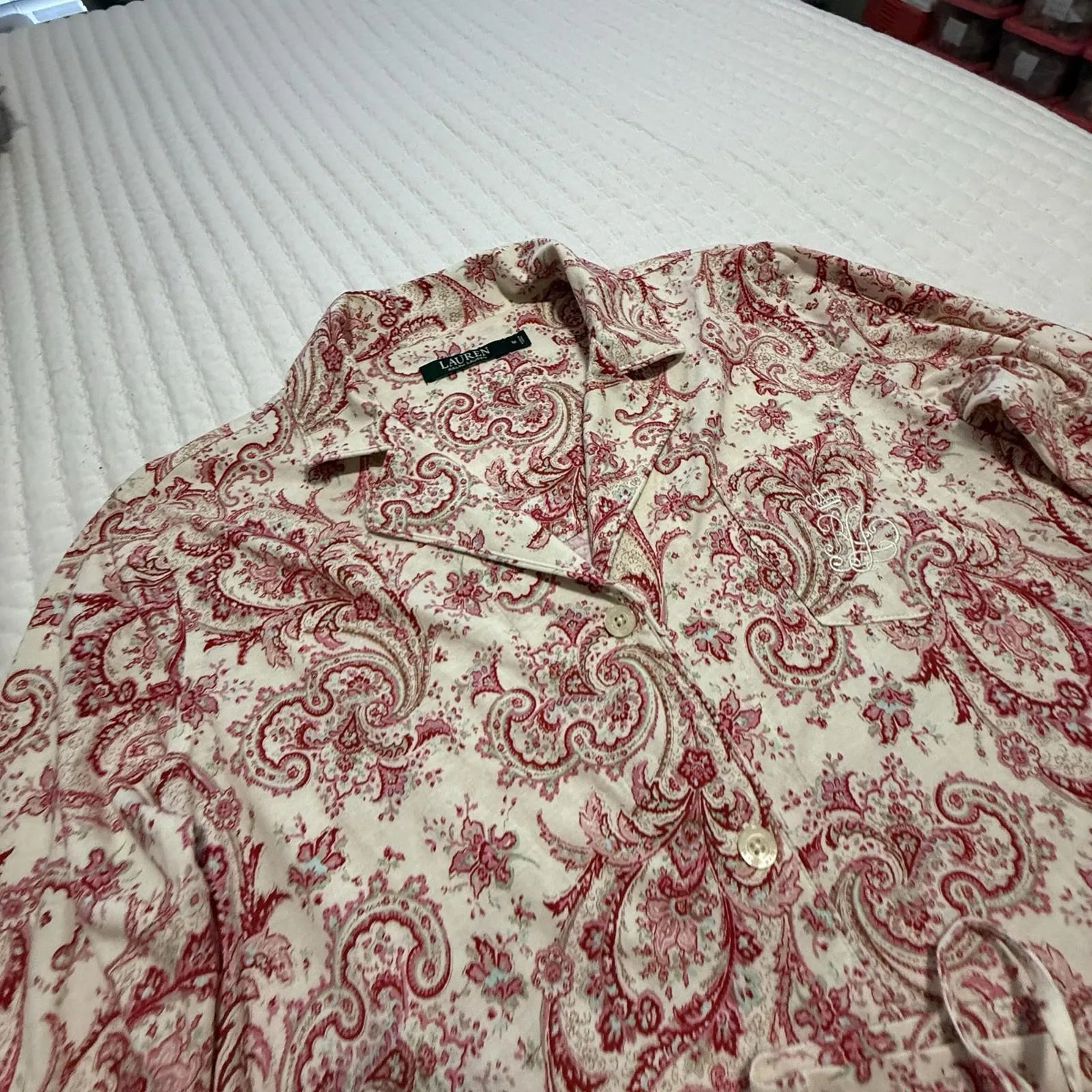 Lauren Ralph Lauren PJ Pajama Set Shirt & Pants Cream Red Pink Paisley M Medium - Image 14