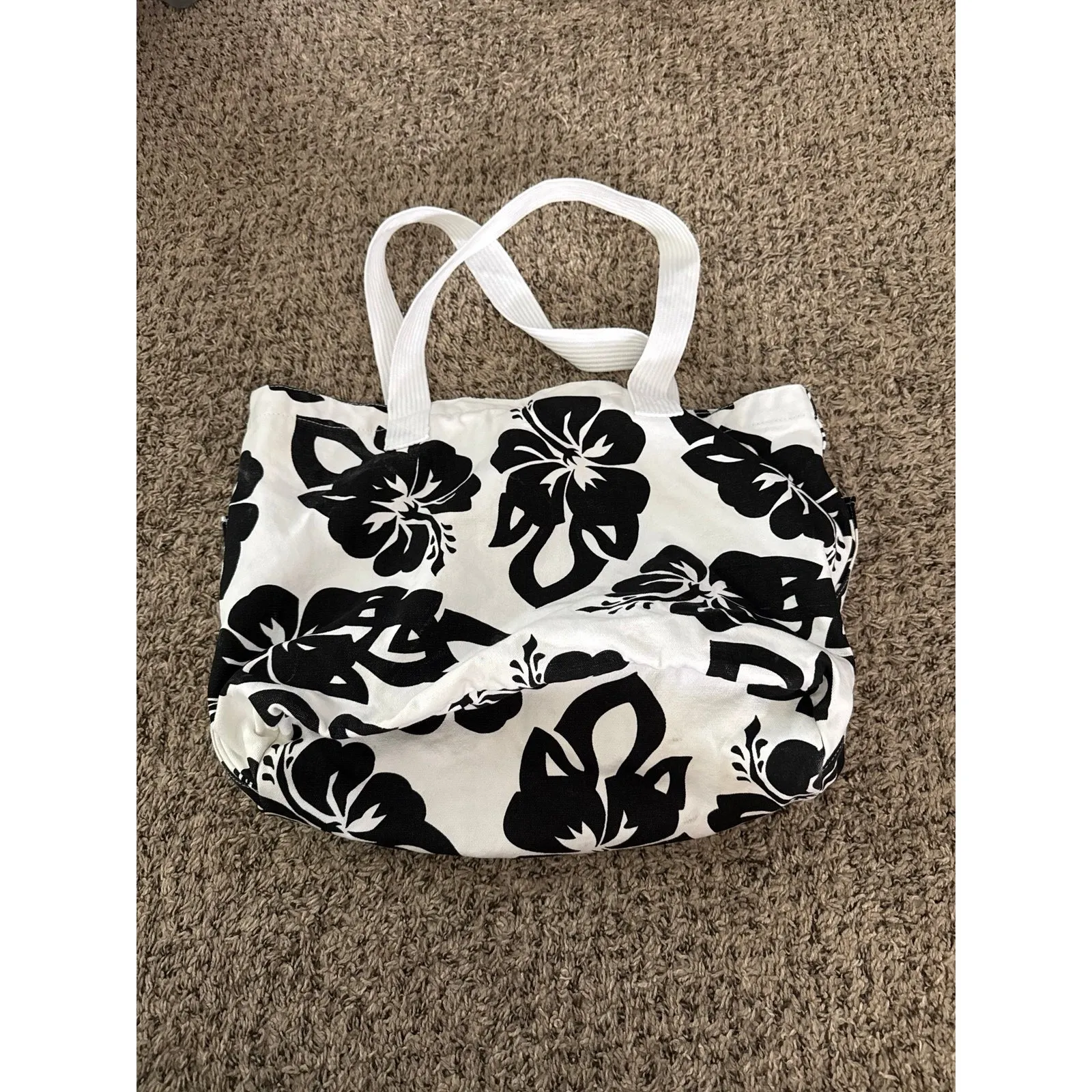Floral Canvas Tote Bag: Black & White Cotton Beach Shopper - Image 4