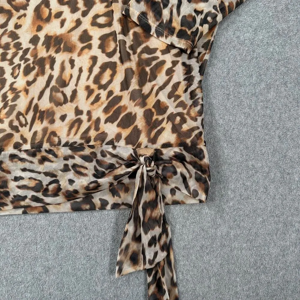 Chico's Animal Print Mesh Tie Waist Blouse Size 2/Large Brown Sheer 3/4 Sleeves - Image 2