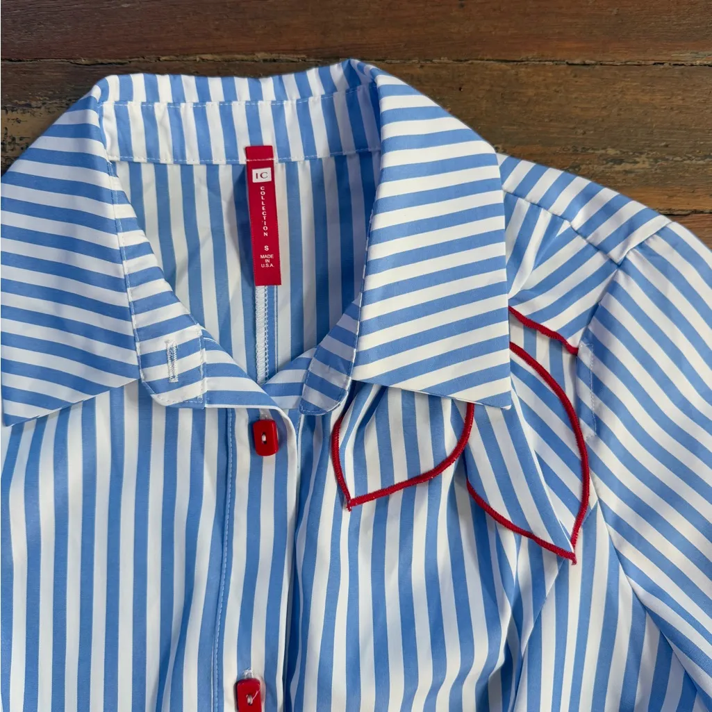 IC Collection Striped Cutout Blouse With Red Accents ~ Size Small 💛🍄 Blue - Image 10