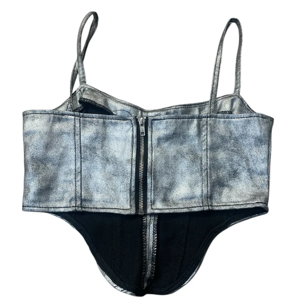 • PrettyLittleThing silver coated denim corset top size 4 - Image 2